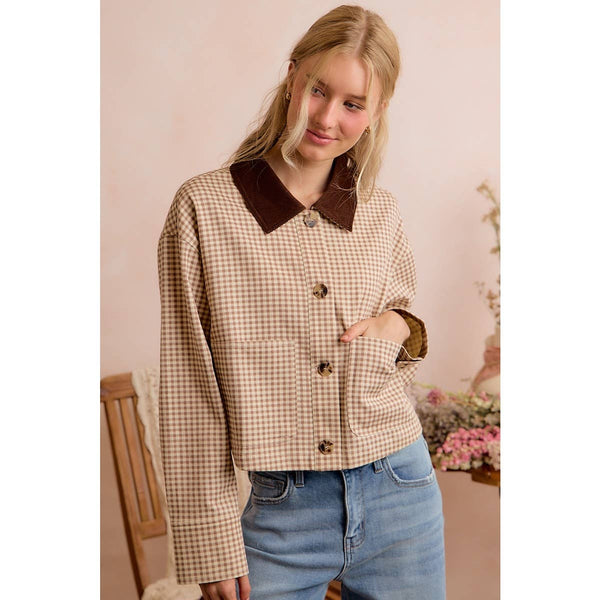 Cropped Gingham Jacket with Corduroy Collar