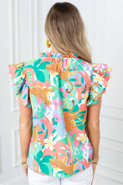 Ruffle Tie Split Neck Floral Top