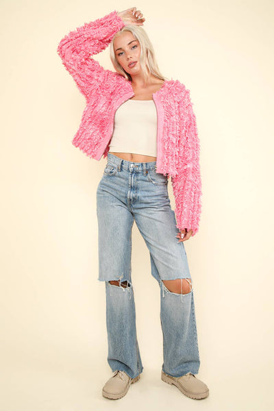 Soft Shaggy Yarn Knit Sweater Jacket