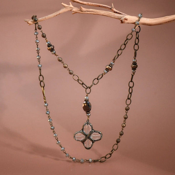 Boho Long Beaded Chain Link Necklace with Glass Crystal Pendant