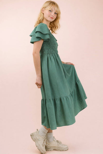 Smocked Ruffle Sleeve Midi Dress in Sage