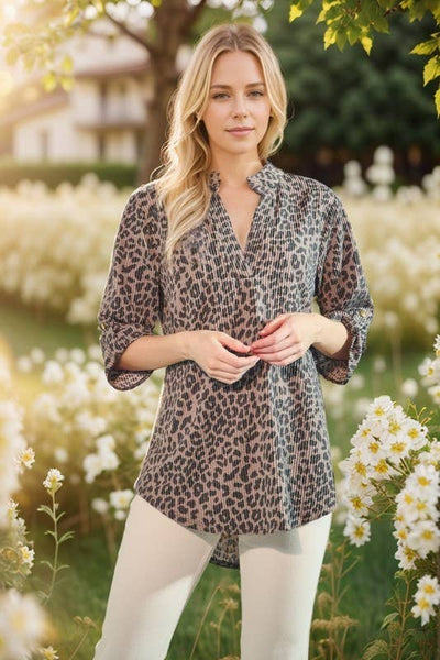 Ribbed Three Quarter Sleeve Leopard Top in Mocha/Black