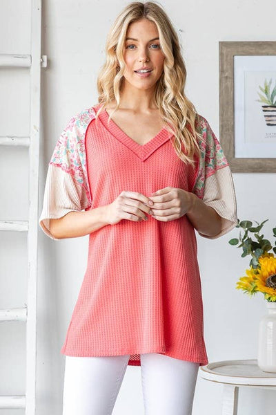 Waffle V Neck Floral Sleeve Top in Coral