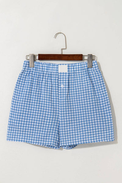 Gingham Printed High Waist Shorts in Blue