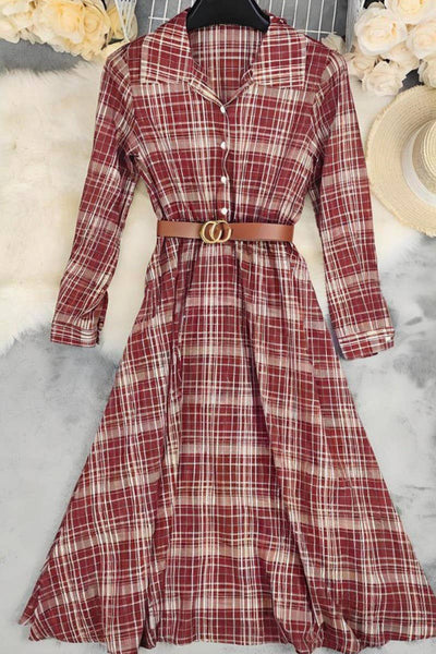 Vintage Plaid V Neck Dress in Red
