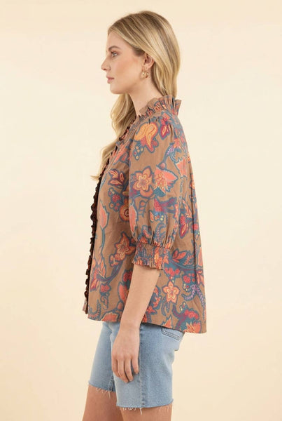 Ruffled Paisley V-Neck Blouse with Smocked Cuffs