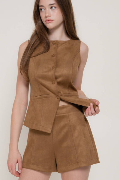 Faux Suede Button Down Vest & Short Set