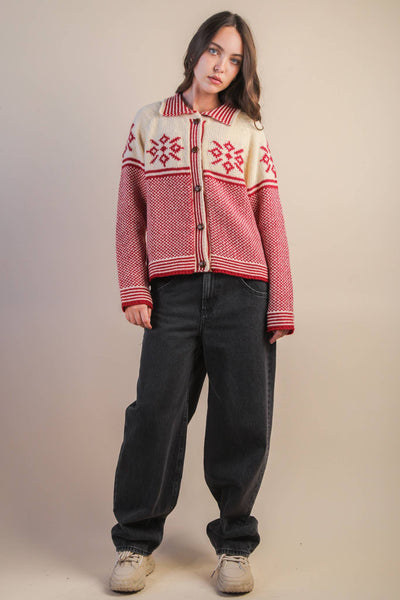 Graphic Collared Knit Sweater Cardigan