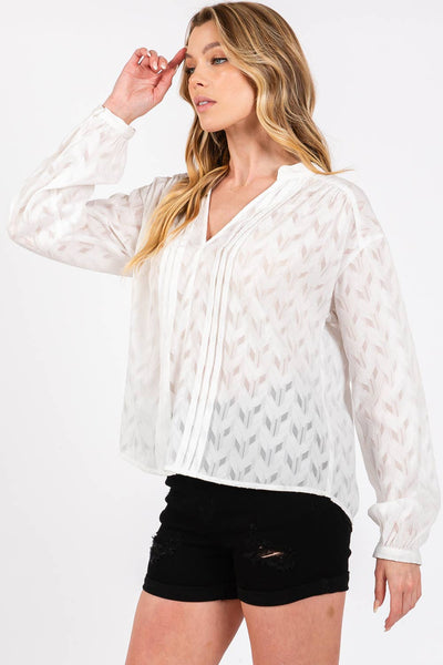 Jacquard V Neck Textured Top in White