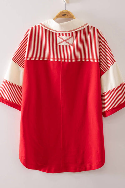 Oversized Half Sleeve Striped Block Top in Red