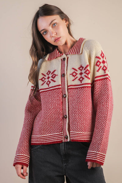 Graphic Collared Knit Sweater Cardigan