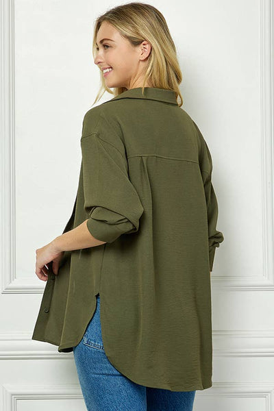 Oversized Boyfriend Button Up Shirt in Olive