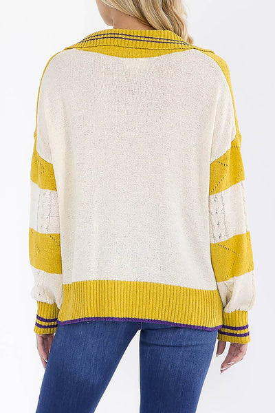 Collared V Neck Striped Sweater in Mustard