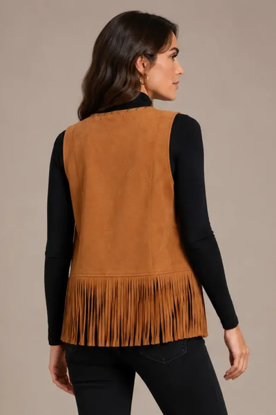Faux Suede Studded Fringed Vest