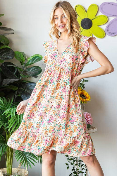 V Neck Floral Dress with Ruffle Sleeve and Pockets