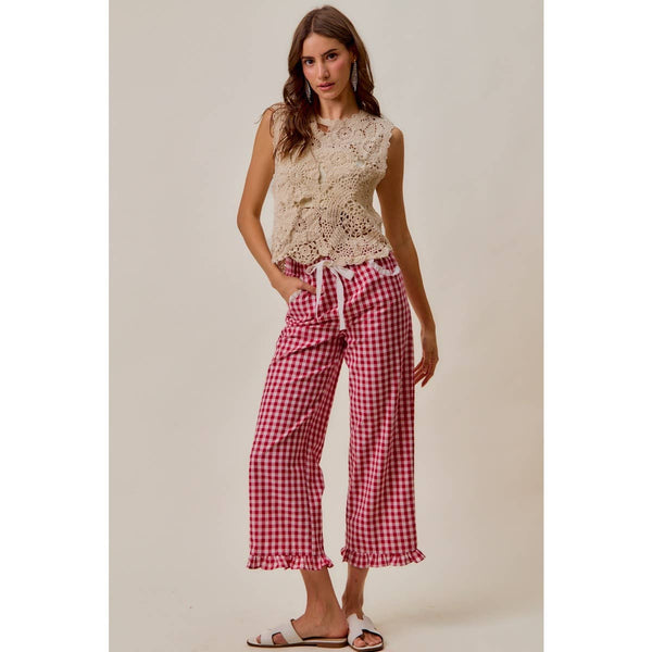 Ruffled Bottom Gingham Pants with Lace Trim in Red
