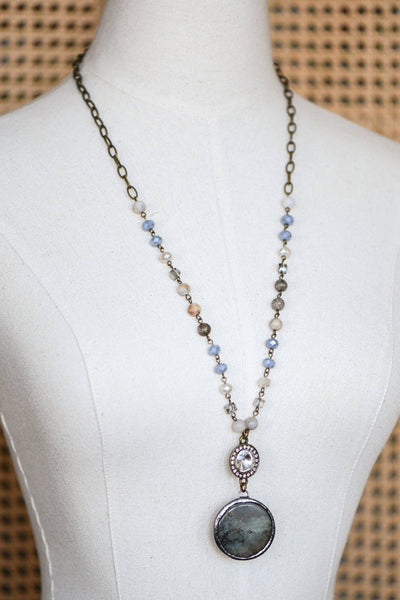 Natural Stone Pendant Beaded Chain Link Necklace