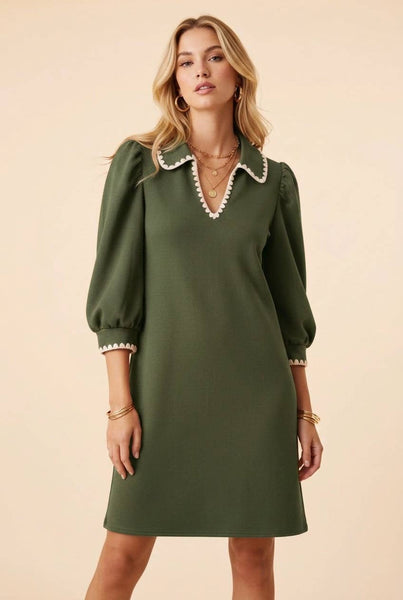 Scallop Trim Puff Sleeve Mini Shift Dress