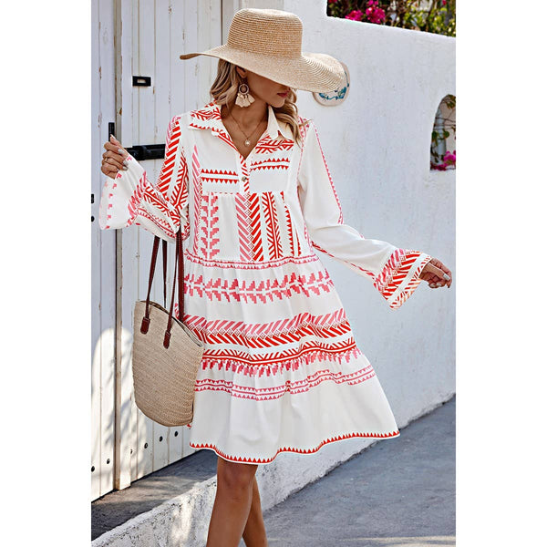 Geometric Printed Bell Ruffle Sleeve Button Dress