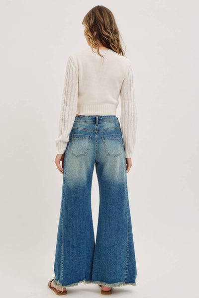 Mid Rise Wide Leg Frayed Hem Denim