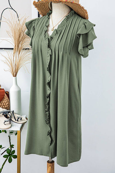 Ruffle Sleeve V Neck Frilled Shift Dress