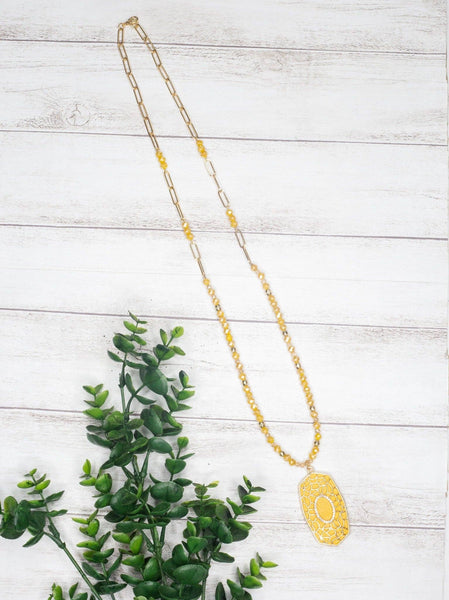 Let's Go To Brunch Mustard Oval Pendant on a Gold Chain Necklace