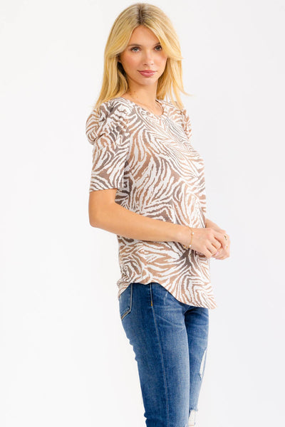 Zebra Puff Sleeve Knit Top in Mocha
