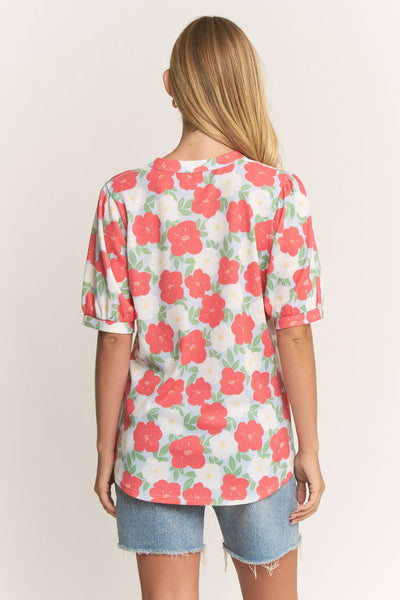 Floral Puff Sleeve Split Neck Top