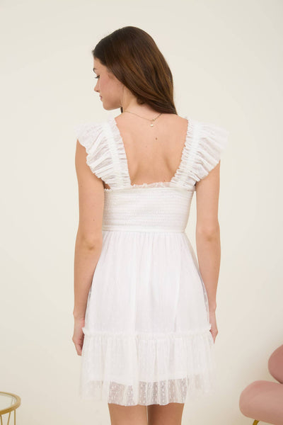 Polka Dot Chiffon Ruffle Dress in White