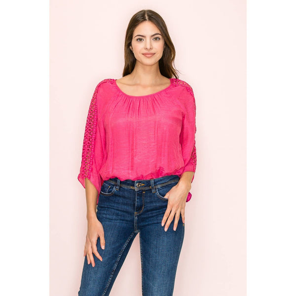 Crochet Lace Sleeve and Bubble Hem Top in Honey Suckle Pink