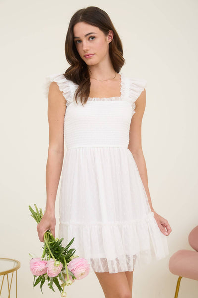 Polka Dot Chiffon Ruffle Dress in White