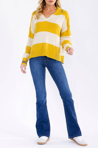 Collared V Neck Striped Sweater in Mustard