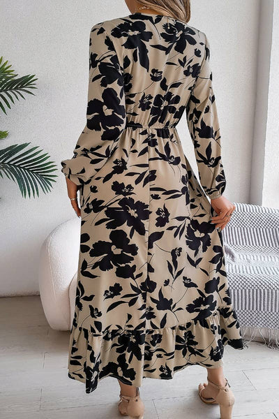 V Neck Muted Floral Dress in Beige and Balck