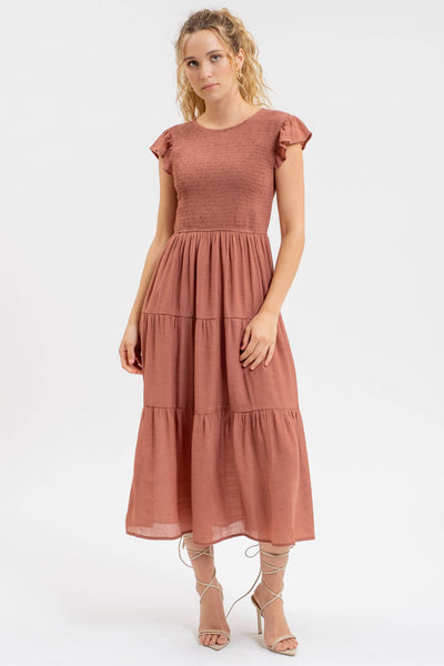 Smocked Tiered Dress in Terracotta