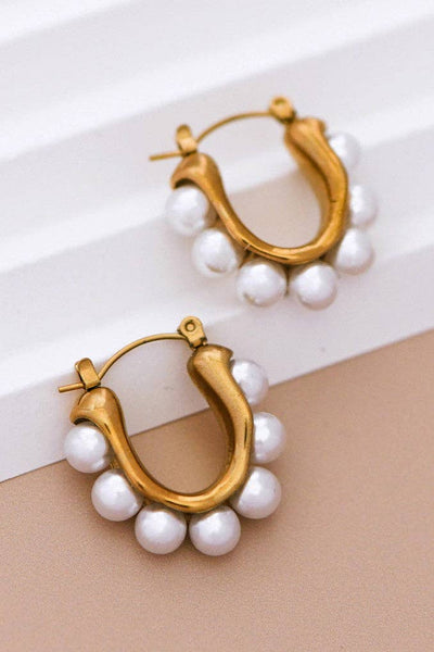 18K Gold Plated Waterproof Stainless Steel Pearl Hoop Earrings