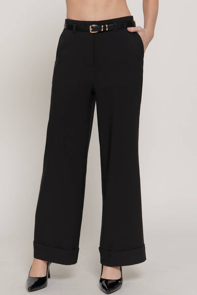 Belted Straight Pants with Cuffed Hem in Black