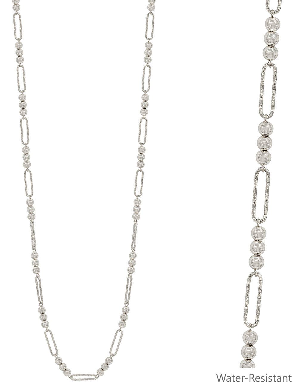 Water Resistant Silver Beaded and Oval Chain Long Necklace