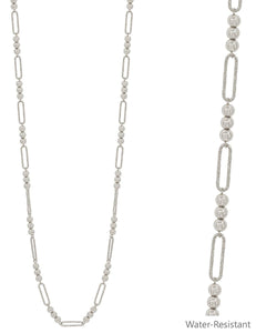 Water Resistant Silver Beaded and Oval Chain Long Necklace