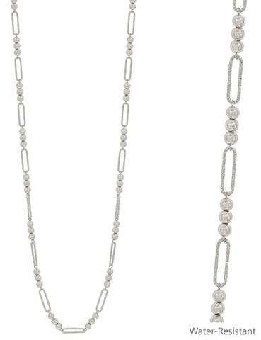 Water Resistant Silver Beaded and Oval Chain Long Necklace