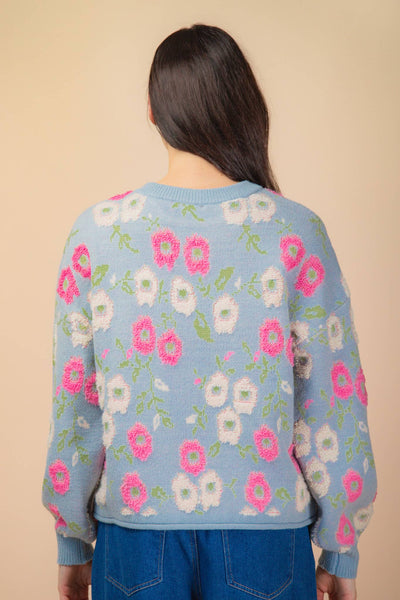 Oversized Floral Textured Sweater Top in Sky Blue
