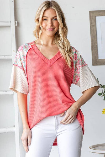 Waffle V Neck Floral Sleeve Top in Coral
