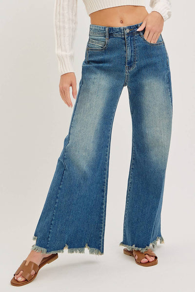 Mid Rise Wide Leg Frayed Hem Denim