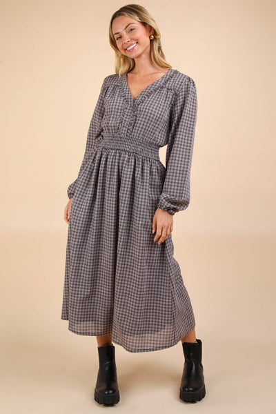 V-Neck Smocking Plaid Midi Dress