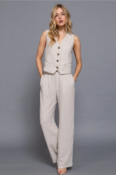 V-Neckline Front Button Closure Linen Effect Vest in Natural