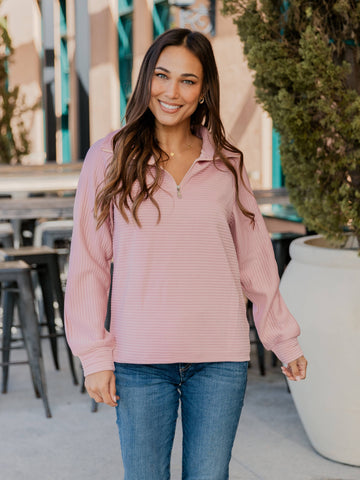 Ribbed Texture Quarter Zip Pullover in Pink