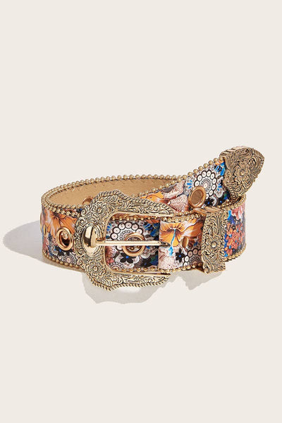 Floral Print Ornate Metal Belt