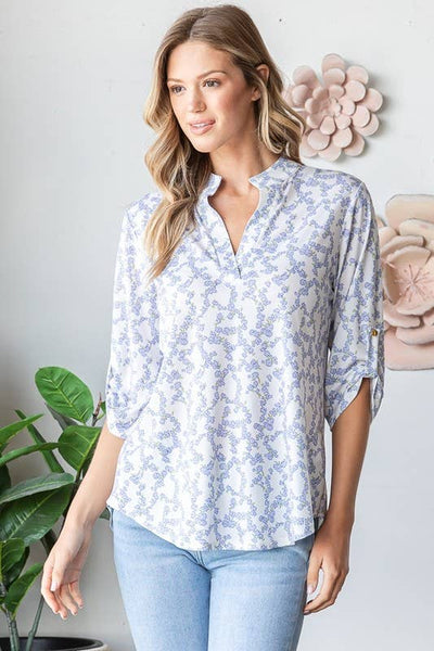 Lavendar Floral Mandarin Collar Top