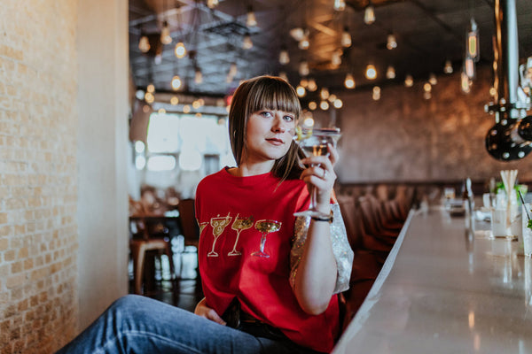 Cocktail Time Tee with Glitter Sleeves in Red