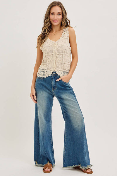 Mid Rise Wide Leg Frayed Hem Denim