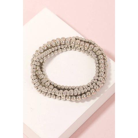 Ball Beaded Stretch Bracelet Set of Three in Silver
